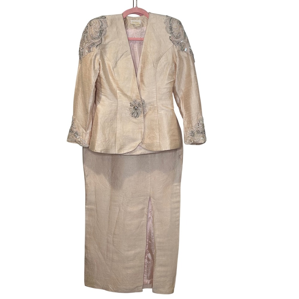 Y2K Mob Vintage 90s Champagne Silk Beaded Dress Jacket Set Cocktail ILGWU USA